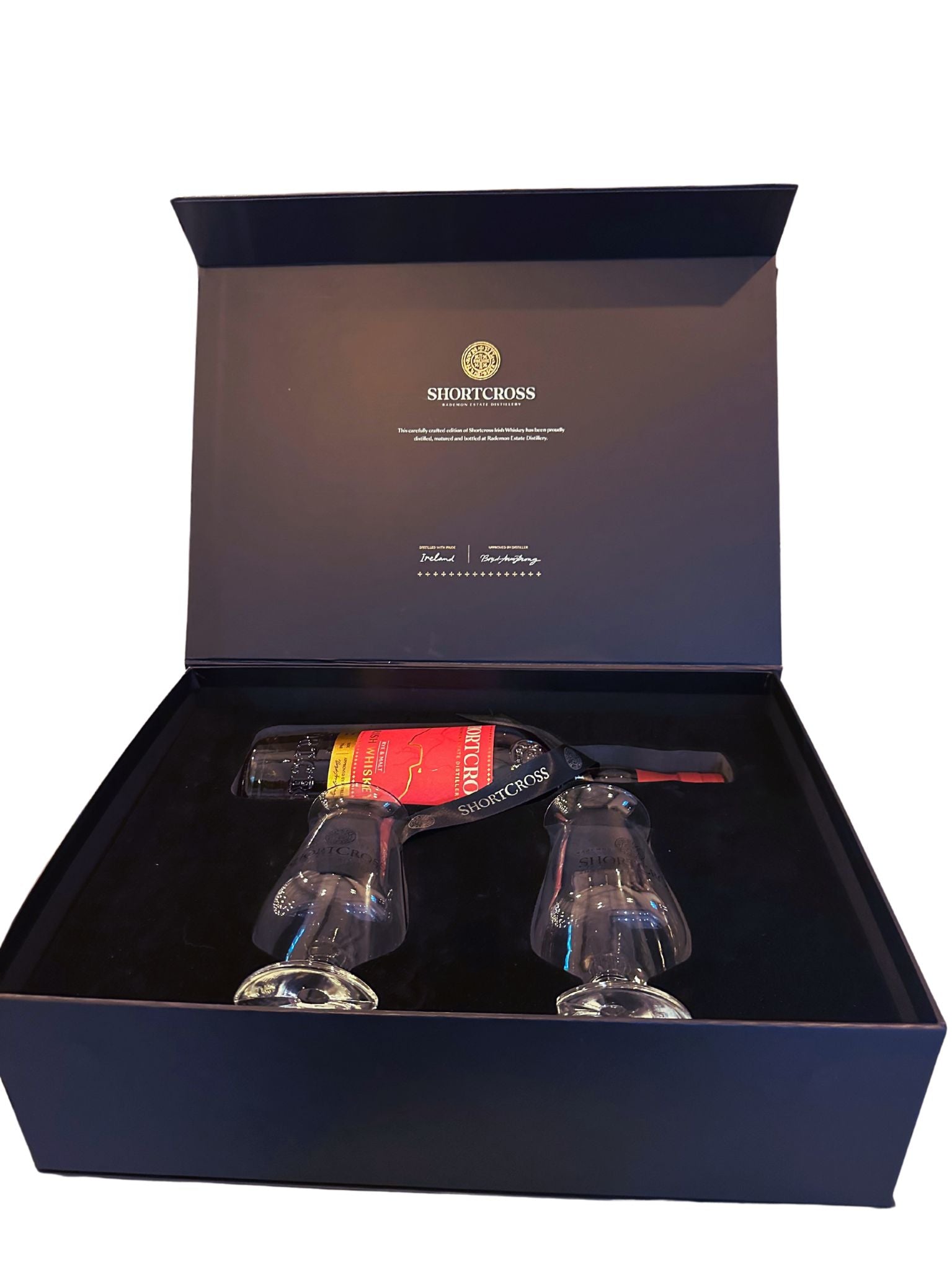 Shortcross Irish Whiskey gift set with glasses in presentation box 